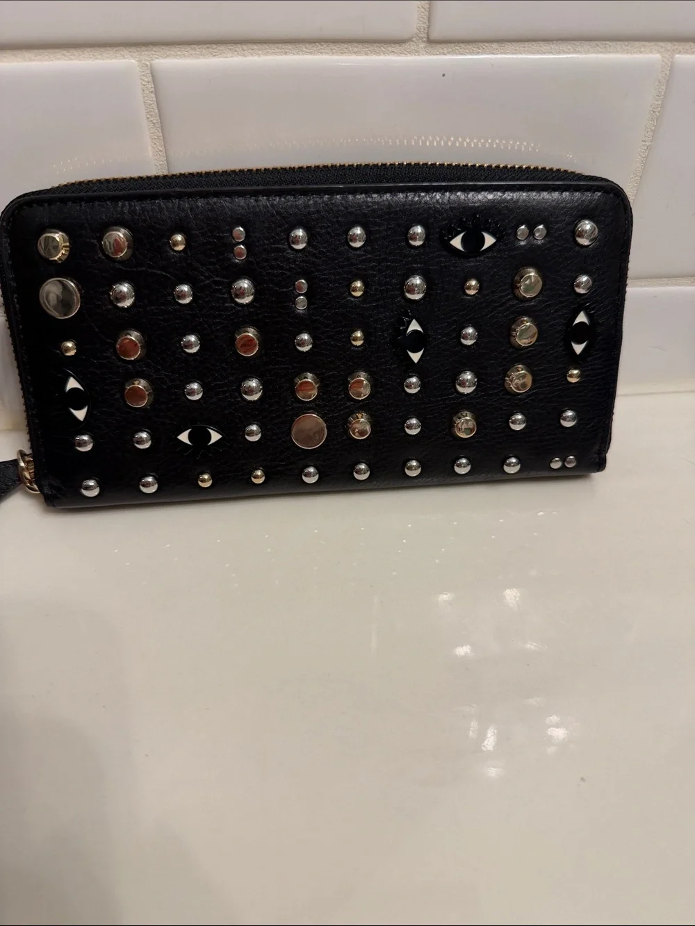 Rebecca Minkoff Black Leather Studded Zip Wallet with Mixed Metal Accents